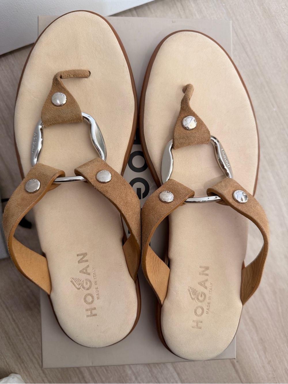 Hogan Tan Suede Silver-Ring Toe Thong Sandals